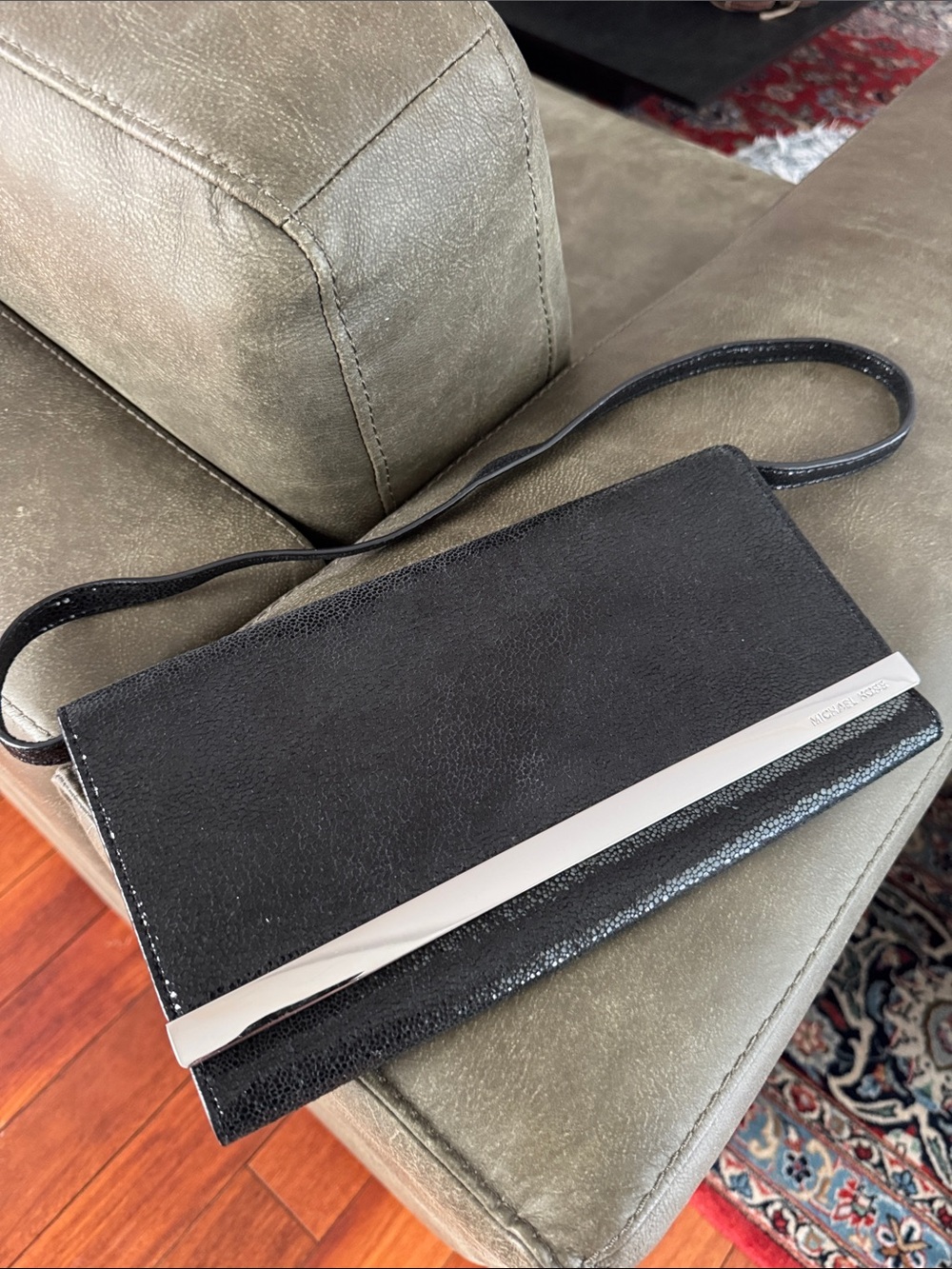 MICHAEL Michael Kors Black Leather Crossbody Wallet with Silver Accent